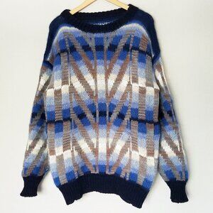 Handknit Mary Turner Loburn New Zealand Wool Chunky Knit Sweater Blue Geometric